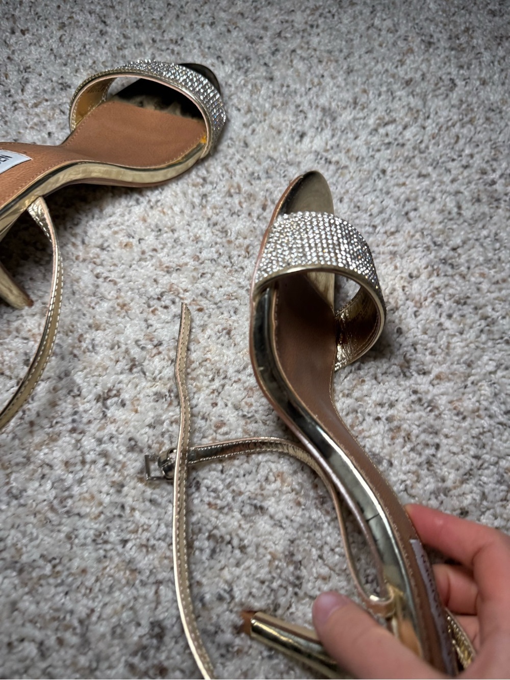 Steve Madden Metallic Gold Rhinestone Strap Ankle-Heel Sandals - Picture 6 of 10